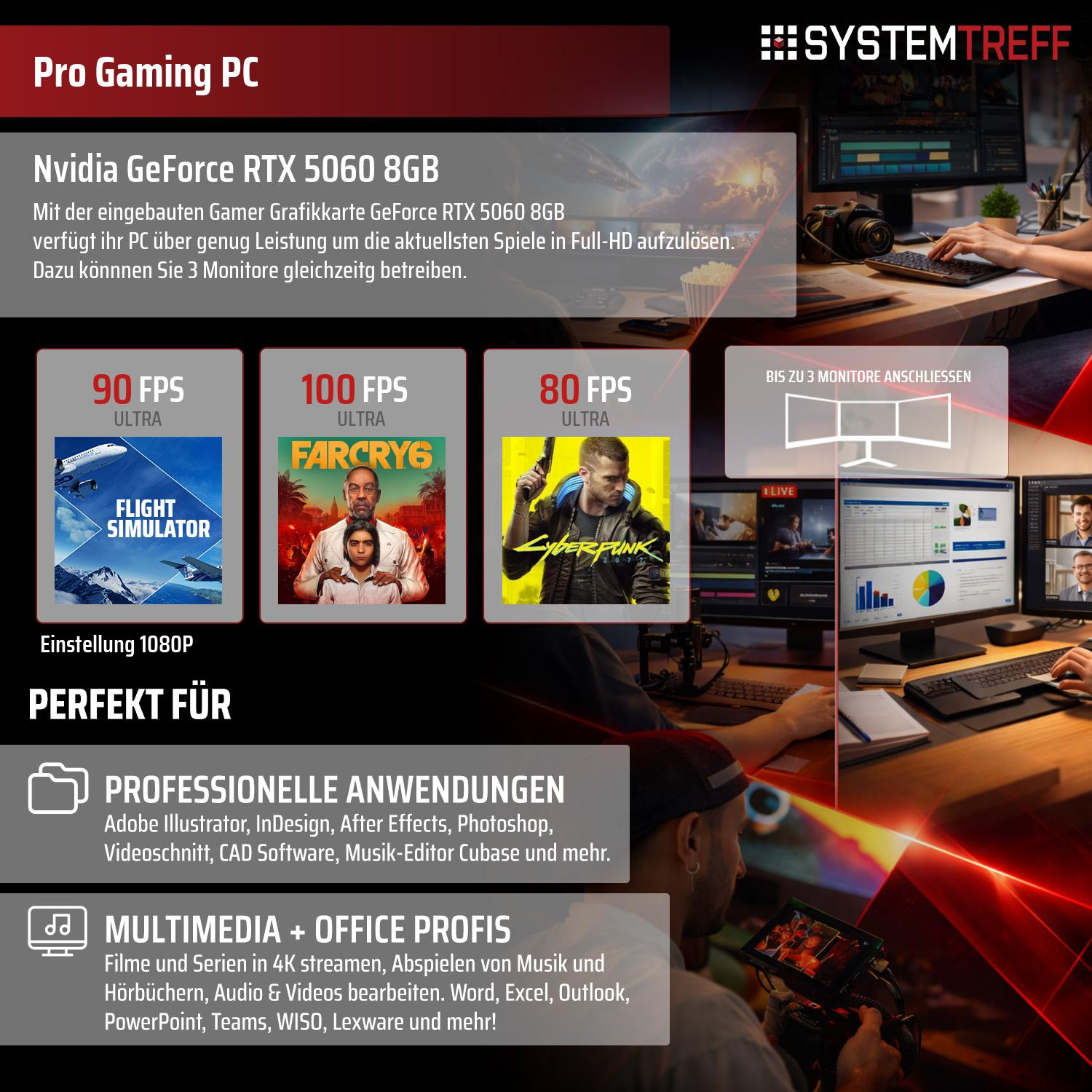 Pro Gaming PC mit RTX 5060: 90-100 FPS in Spielen, 3 Monitore, Profi-Anwendungen, Multimedia.