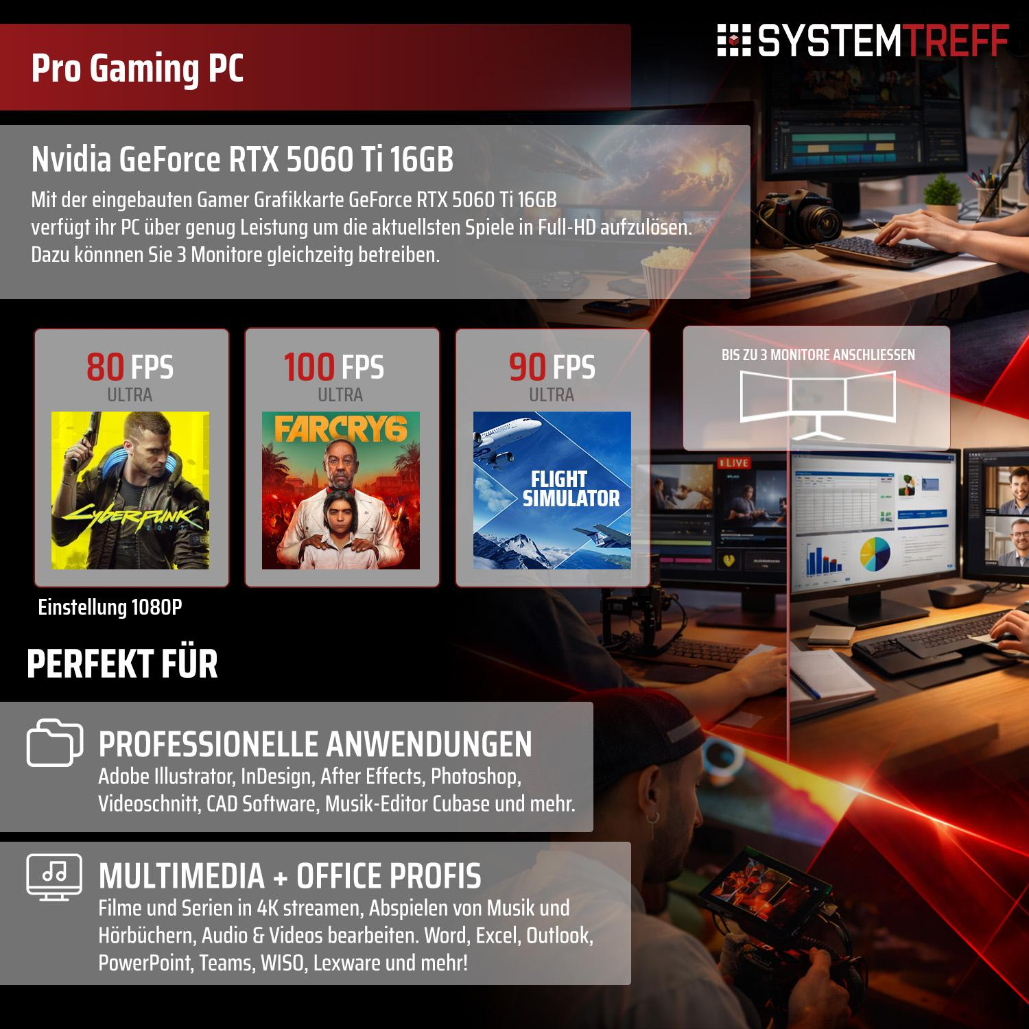 Gaming PC mit Nvidia RTX 5060 Ti, 3 Monitore, Spiele, professionelle Anwendungen.