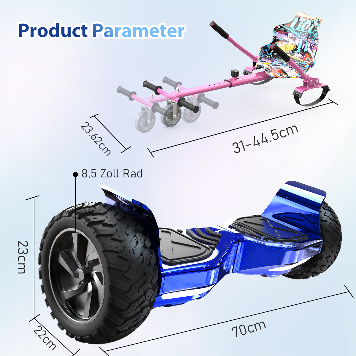 Niebieski hoverboard z dużymi oponami. Różowy dodatek do hoverkarta z kołami.