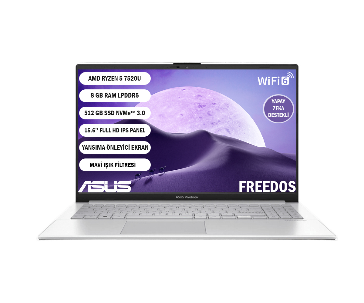 AMD Ryzen 5 işlemcili ve 15,6 inç ekrana sahip gümüş renkli ASUS Vivobook dizüstü bilgisayar.