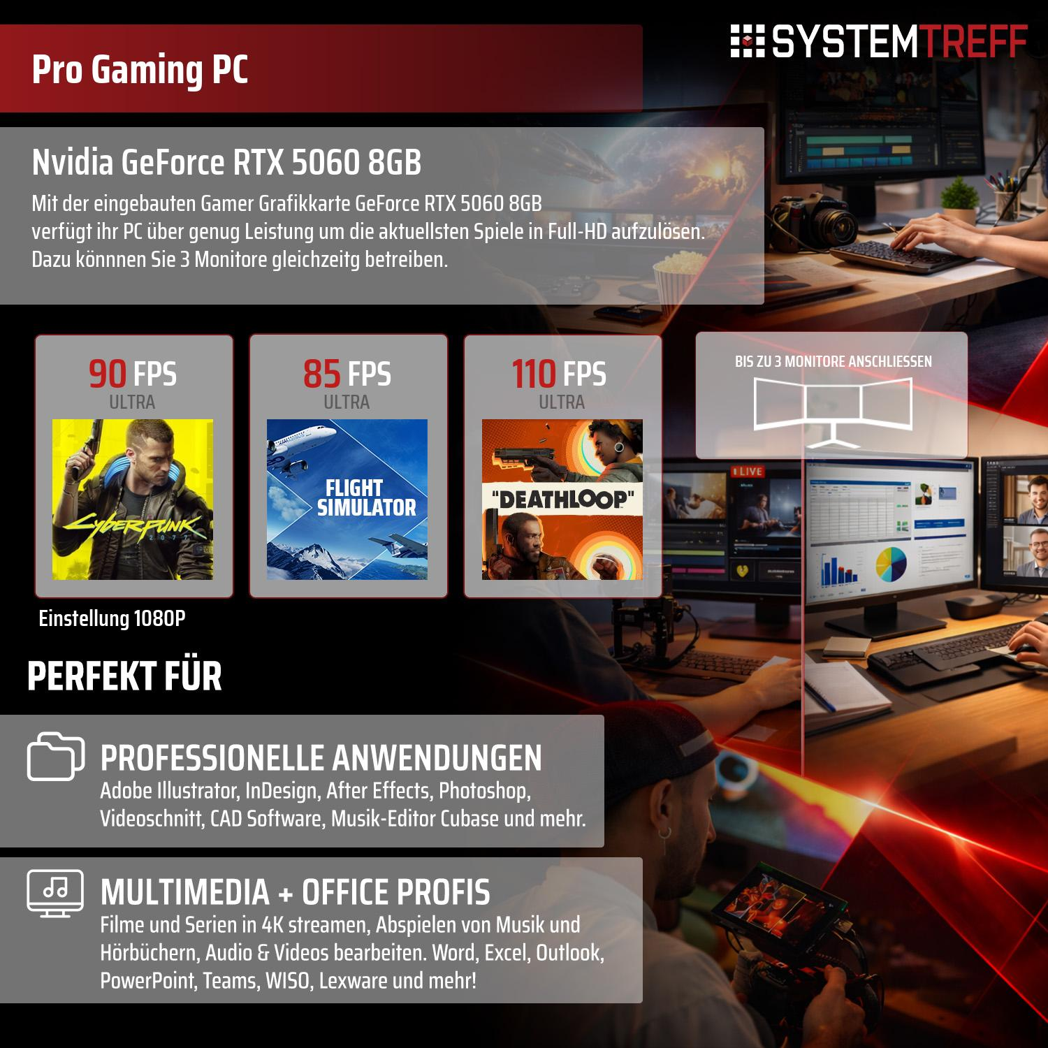 Gaming PC mit RTX 5060, 3 Monitore, Spiele- und Anwendungslogos.