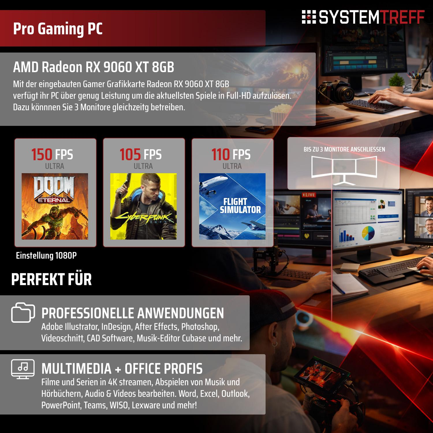 Pro Gaming PC mit AMD Radeon RX 9060 XT 8GB Grafikkarte, unterstützt 3 Monitore.