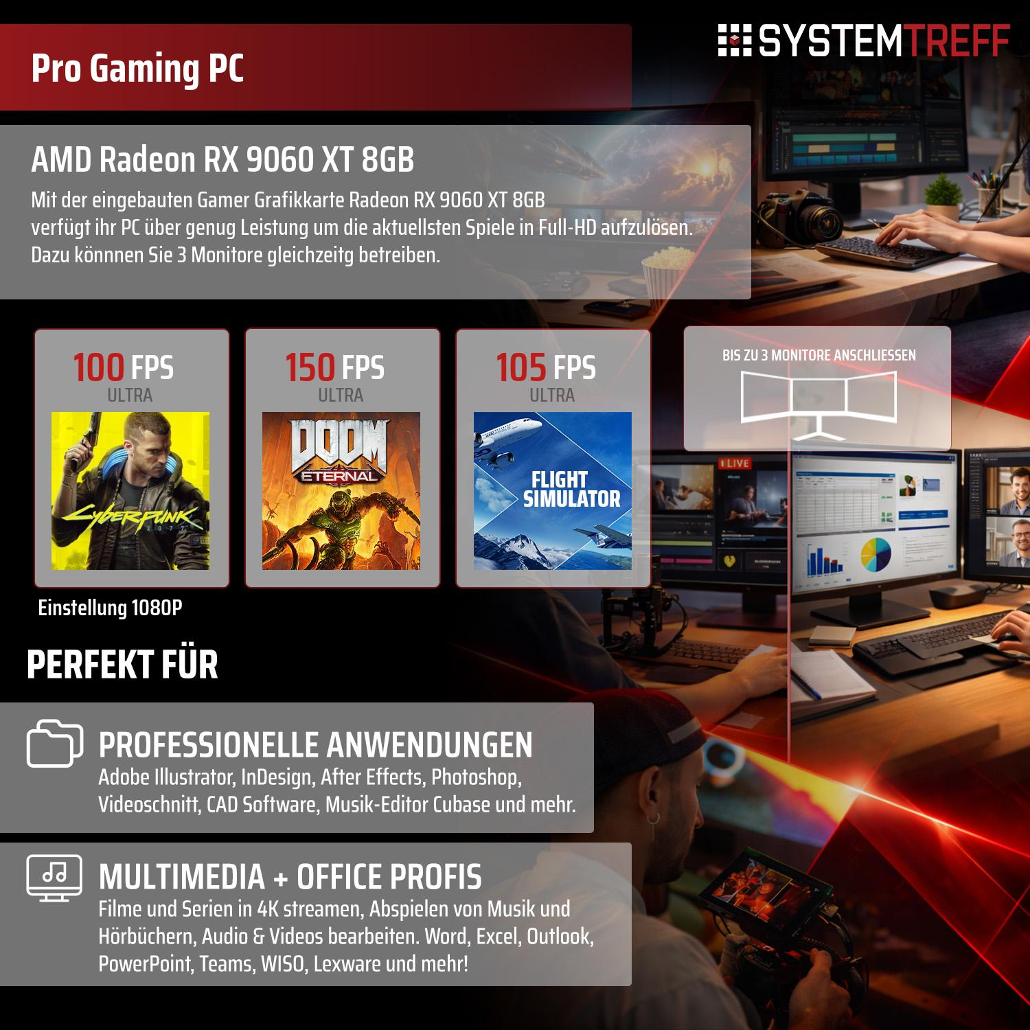 Gaming PC mit AMD Radeon RX 9060 XT 8GB. Zeigt Spiele, Anwendungen und Multimedia.