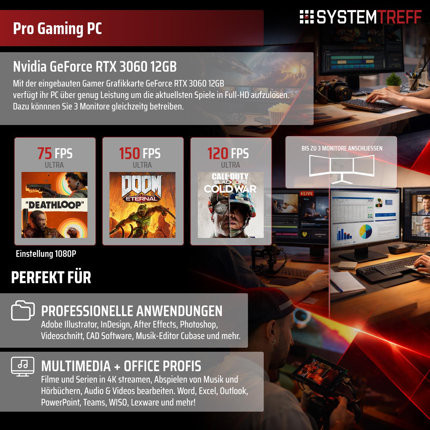 Gaming PC mit RTX 3060, 3 Monitore, Spiele- & Profi-Anwendungen.