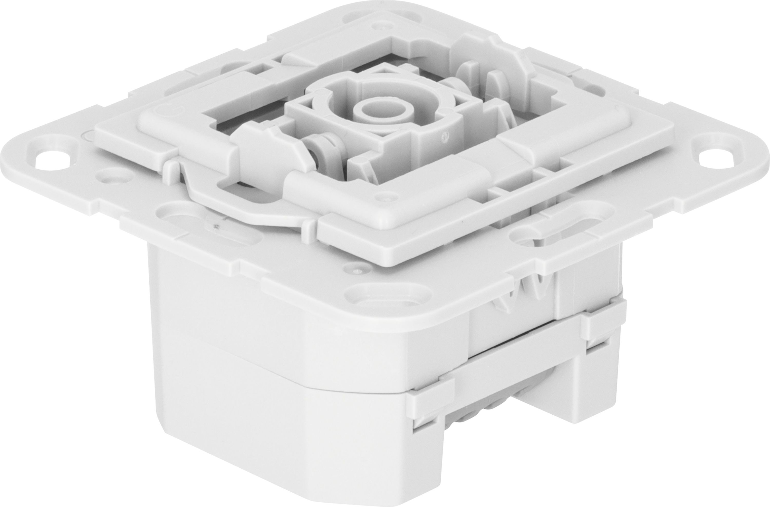 Un componente elettrico bianco e rettangolare con meccanismi interni e fori di montaggio.