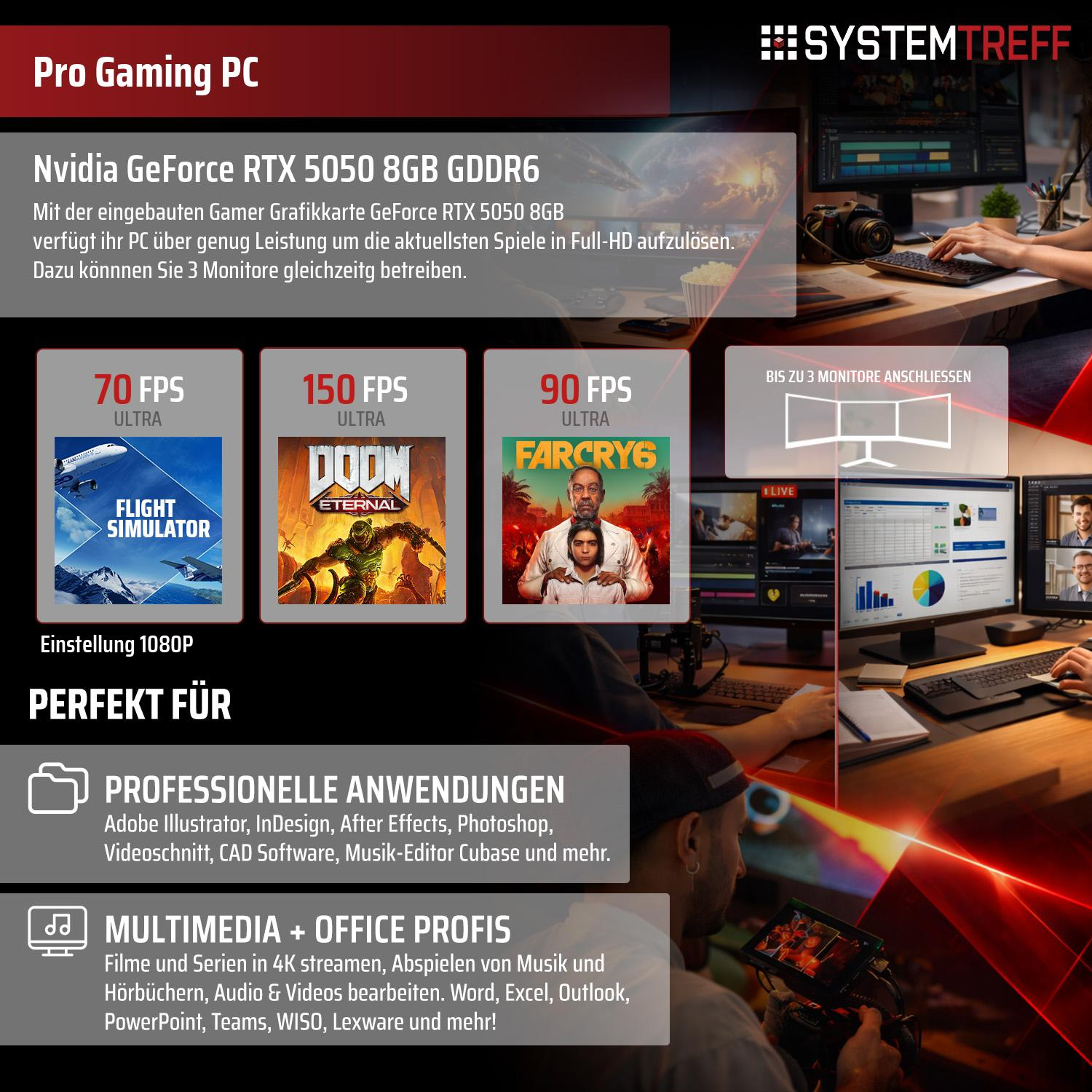 Pro Gaming PC mit RTX 5050, 8GB GDDR6, 3 Monitore, Spiele & Profi-Anwendungen.