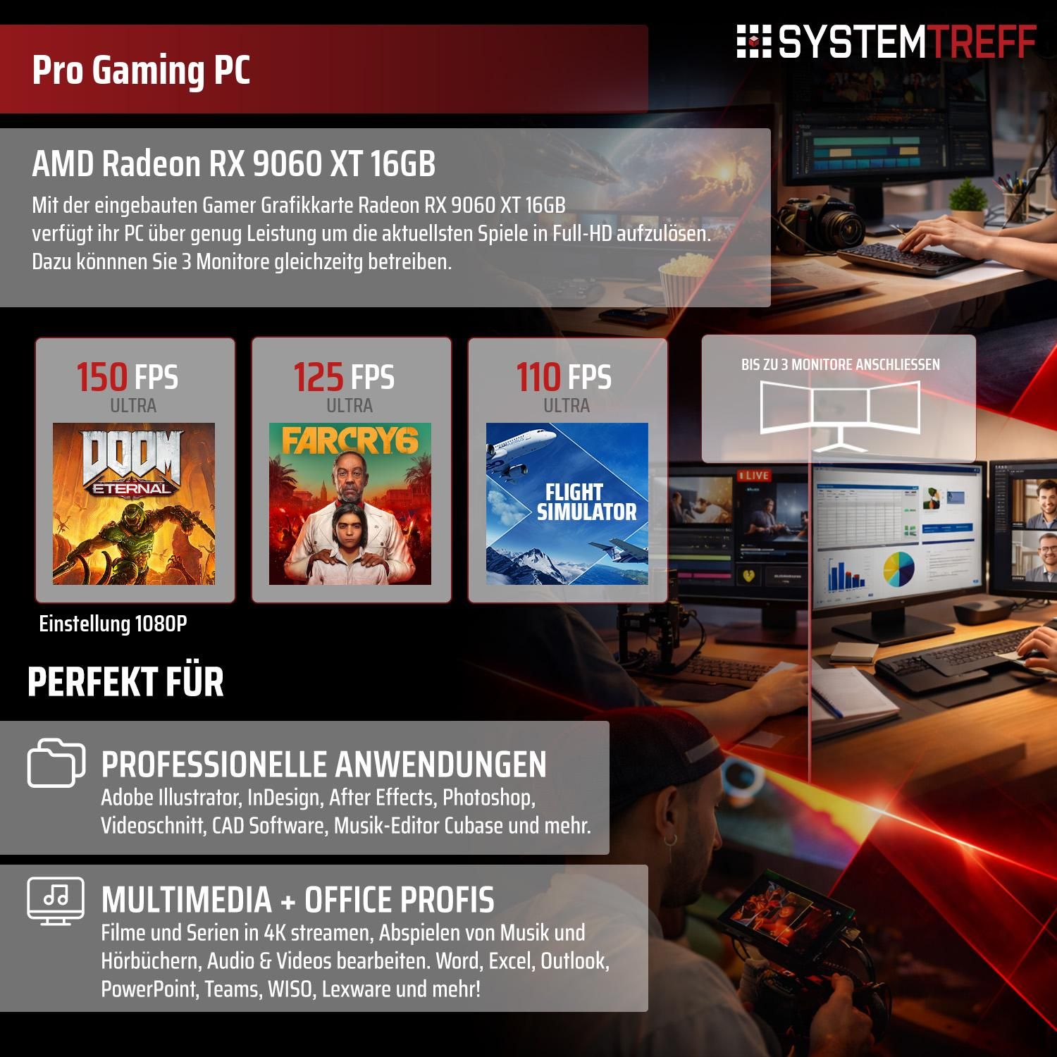 Gaming PC mit AMD Radeon RX 9060 XT 16GB für 1080p Gaming, professionelle Anwendungen und Multimedia.