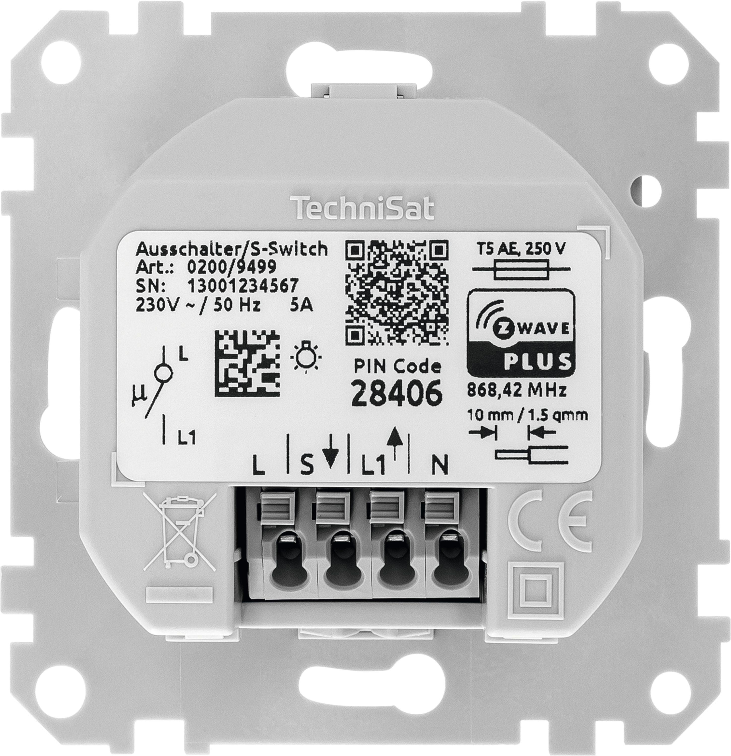 Interruttore a muro TechniSat con morsetti, codice PIN 28406, 230V, 5A.