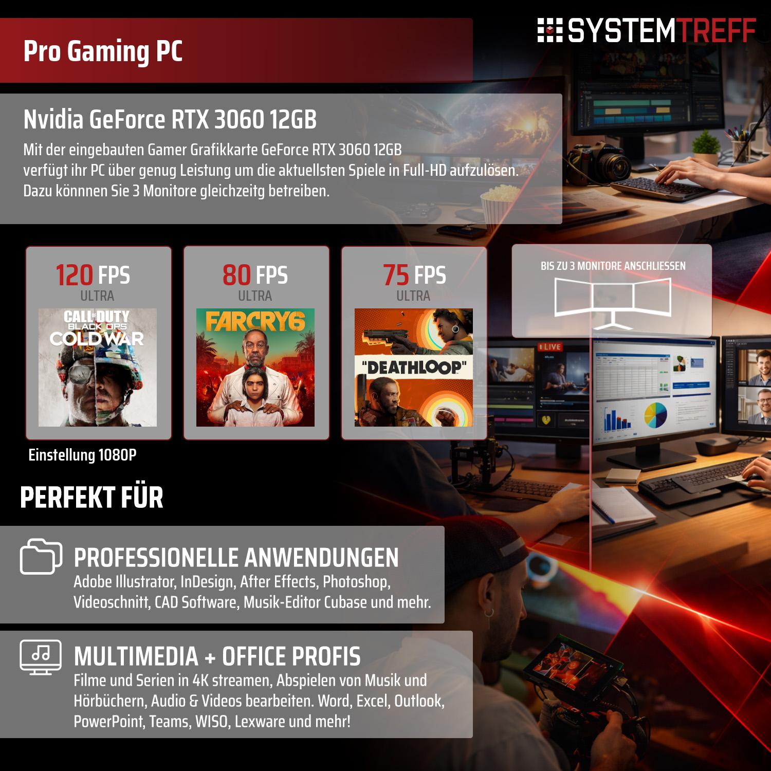 Gaming PC mit RTX 3060: 120/80/75 FPS für Spiele, 3 Monitore, Profi-Anwendungen & Multimedia.
