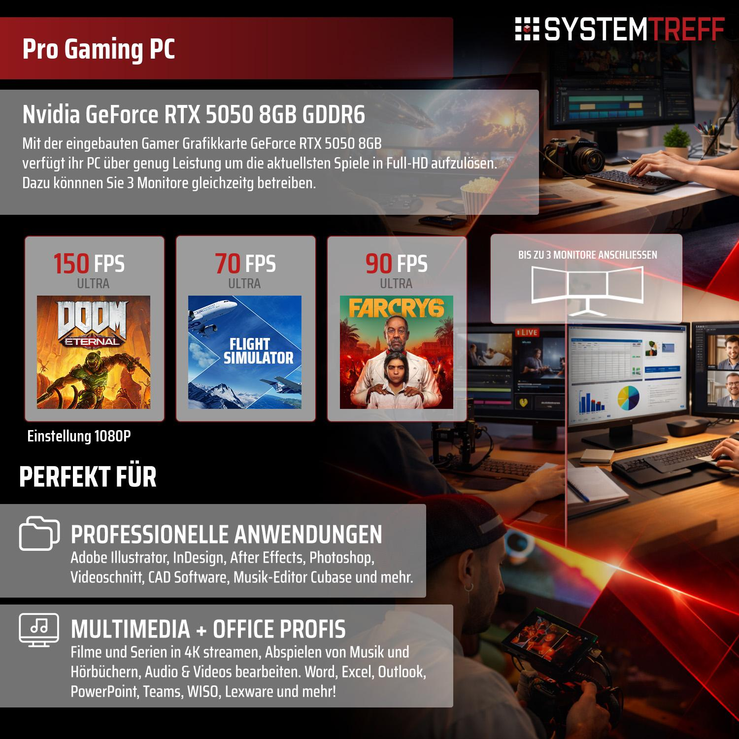 Gaming PC mit Nvidia RTX 5050 8GB: Spiele, Profi-Anwendungen & 3 Monitore.