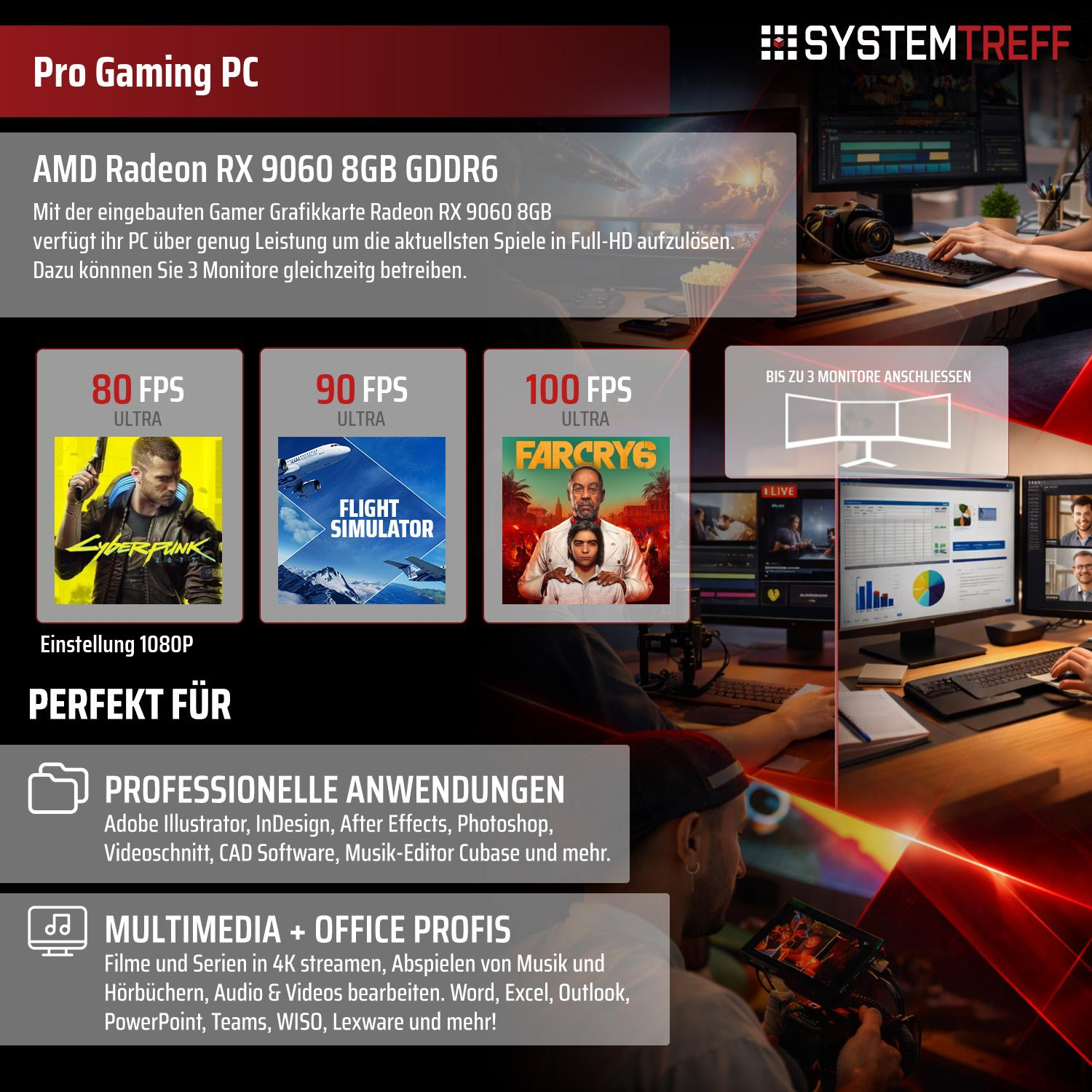 Pro Gaming PC mit AMD Radeon RX 9060, 80-100 FPS, 3 Monitore, Profi-Anwendungen, Multimedia.