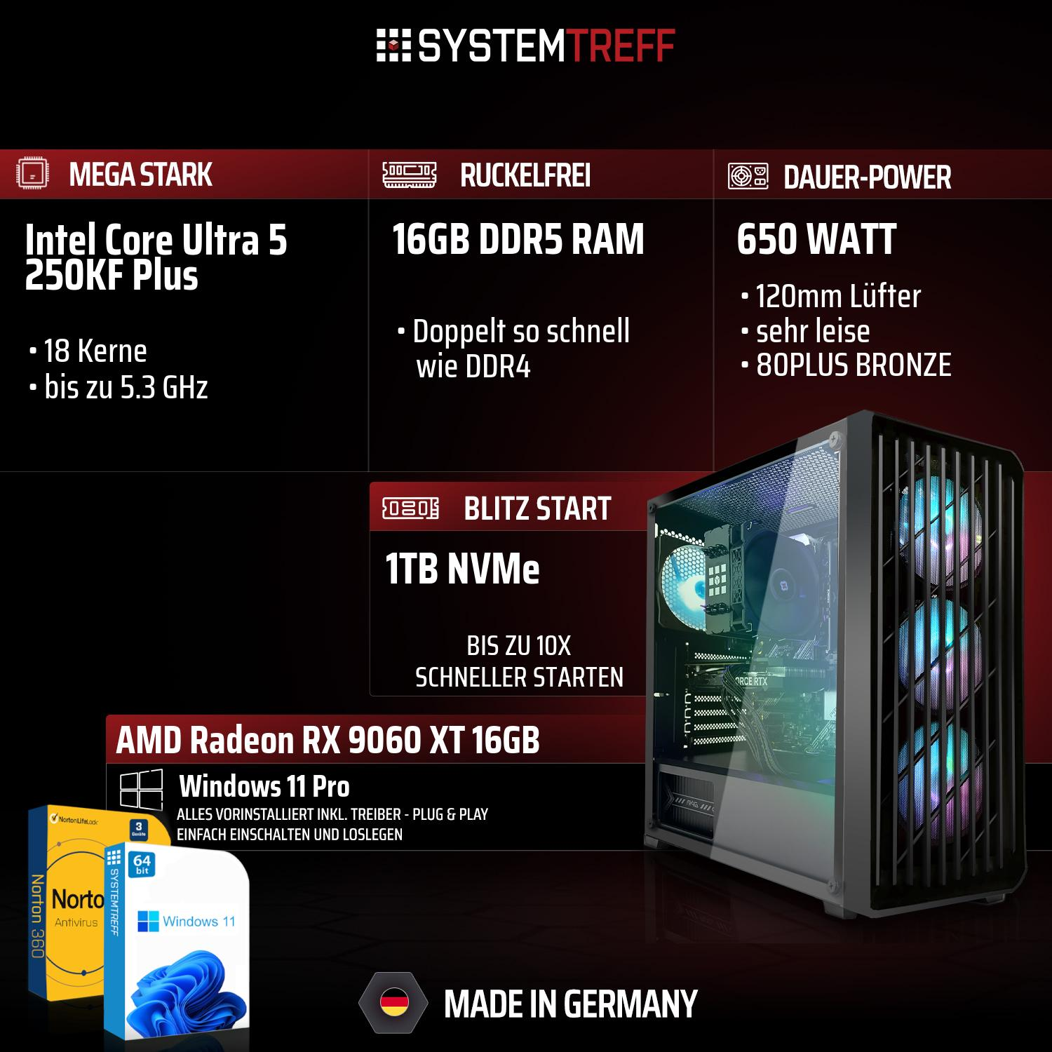 PC mit Intel Core Ultra 5, 16GB DDR5 RAM, 650W Netzteil, RX 9060 XT, Windows 11 Pro.