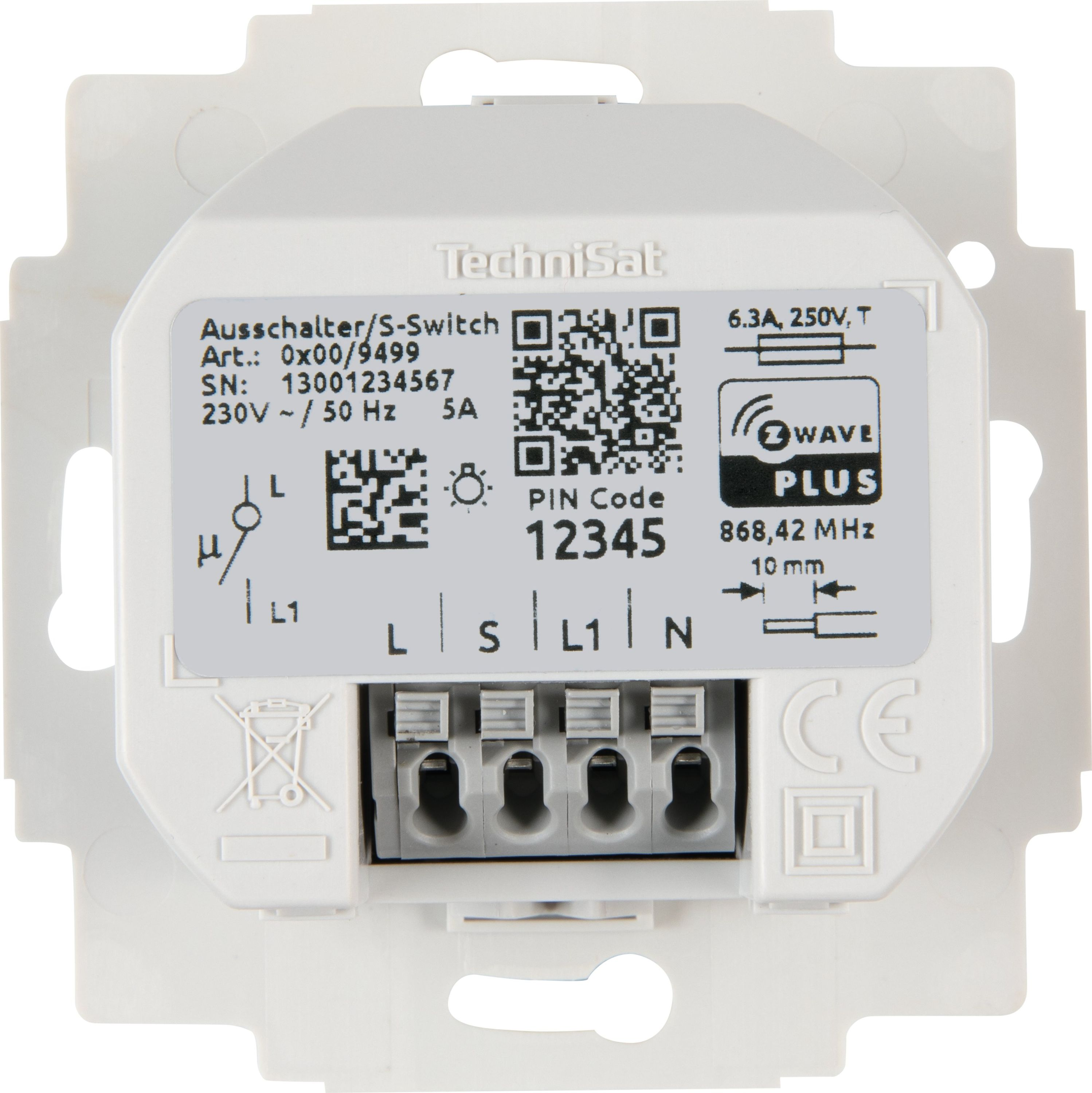 Un interruttore S TechniSat bianco con morsetti e Z-Wave Plus.