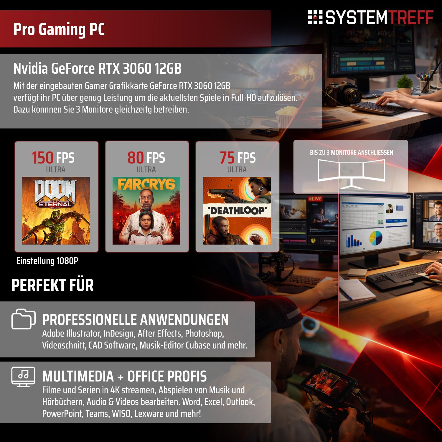 Pro Gaming PC mit Nvidia RTX 3060. Zeigt Spiele-FPS & Profi-Anwendungen.