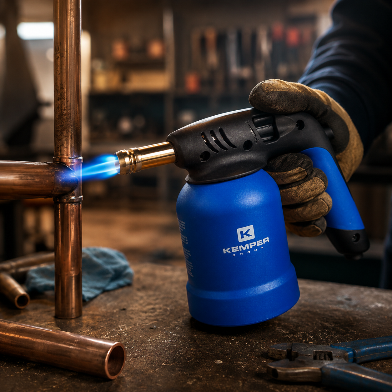 Een behaande hand houdt een blauwe toorts vast, die koperen buizen verwarmt. Gereedschap op de werkbank.