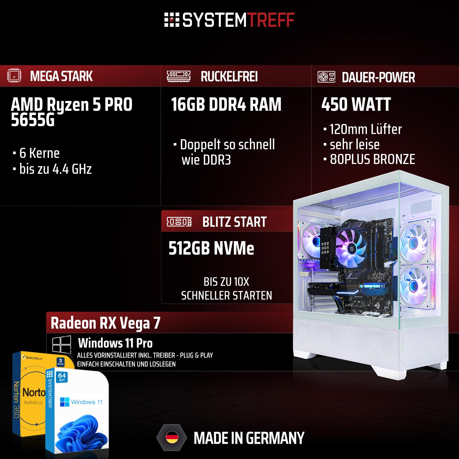 PC-Spezifikationen: AMD Ryzen 5 PRO, 16GB DDR4 RAM, 512GB NVMe, Radeon RX Vega 7, Windows 11 Pro.