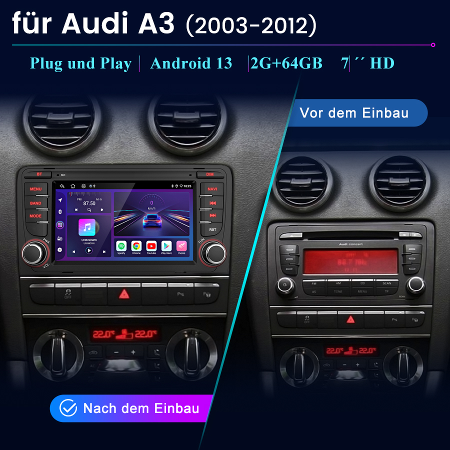 Porównanie radia Audi A3 przed i po instalacji nowego systemu infotainment.