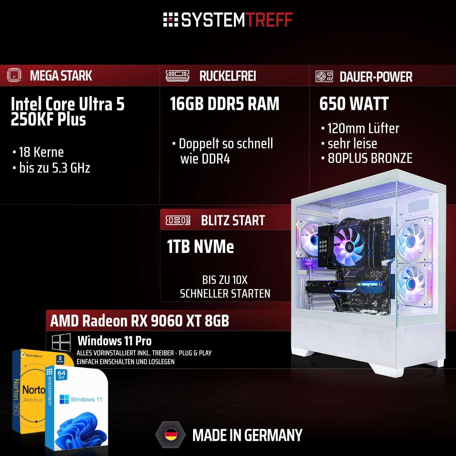 Ein PC mit Intel Core Ultra 5, 16GB DDR5 RAM, 1TB NVMe SSD und AMD Radeon RX 9060 XT Grafikkarte.