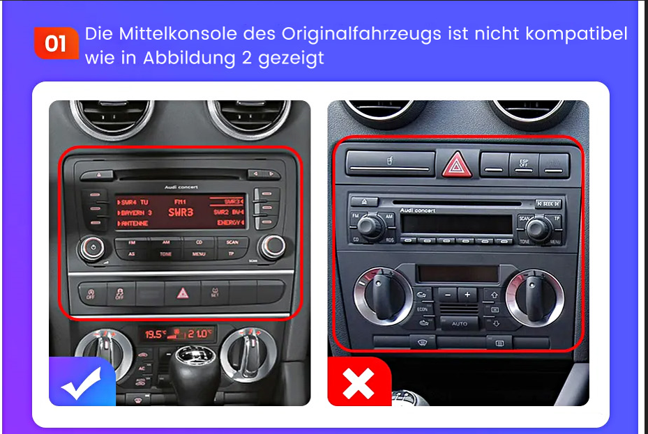 Due console per auto con radio; quella di sinistra è compatibile, quella di destra no.
