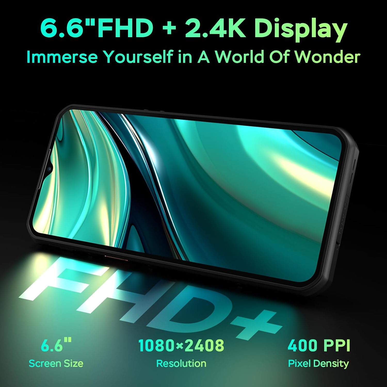 Un smartphone con pantalla FHD+ de 6,6 pulgadas, resolución 1080x2408, 400 PPI.