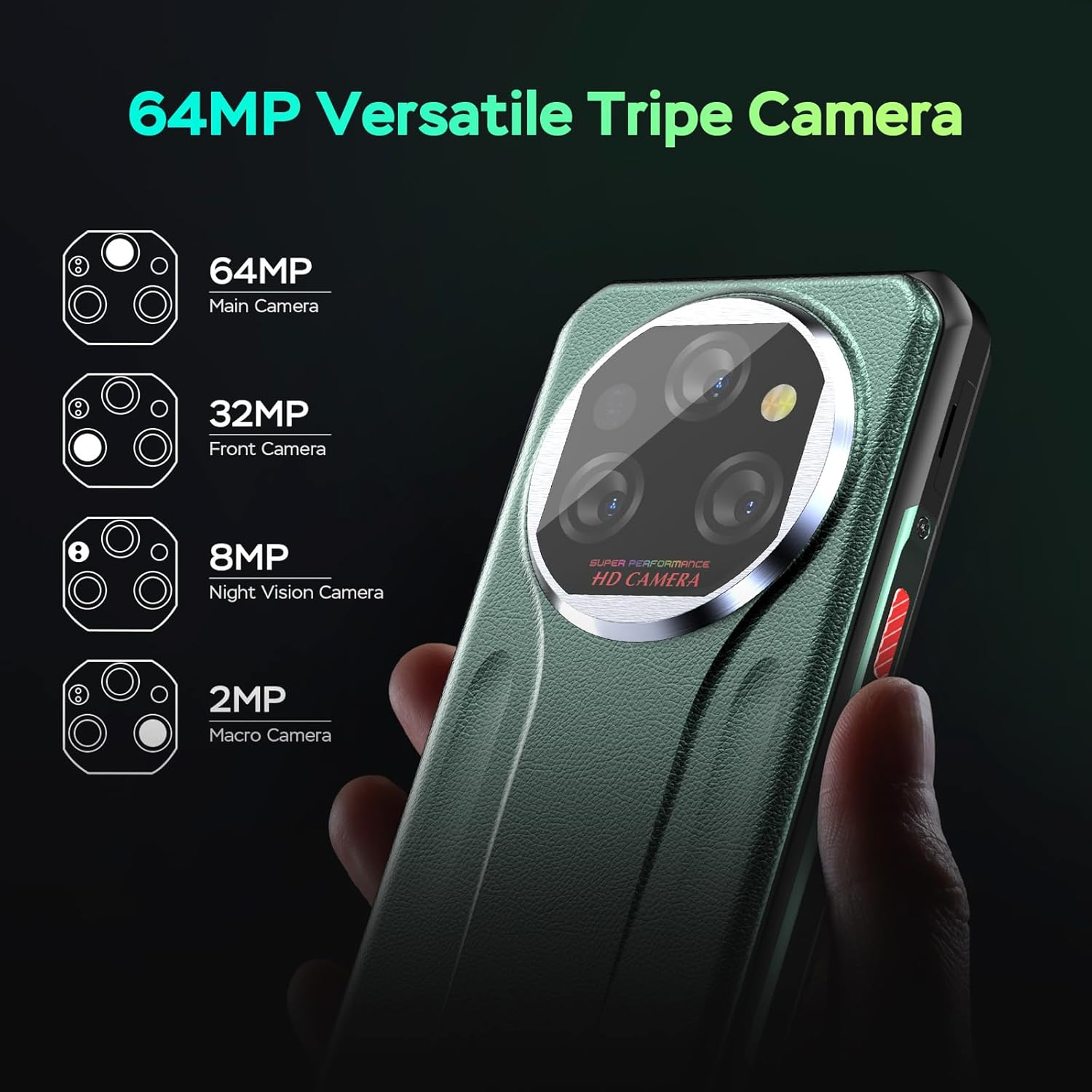 Una mano sostiene un smartphone, mostrando su versátil cámara triple de 64MP en la parte trasera.