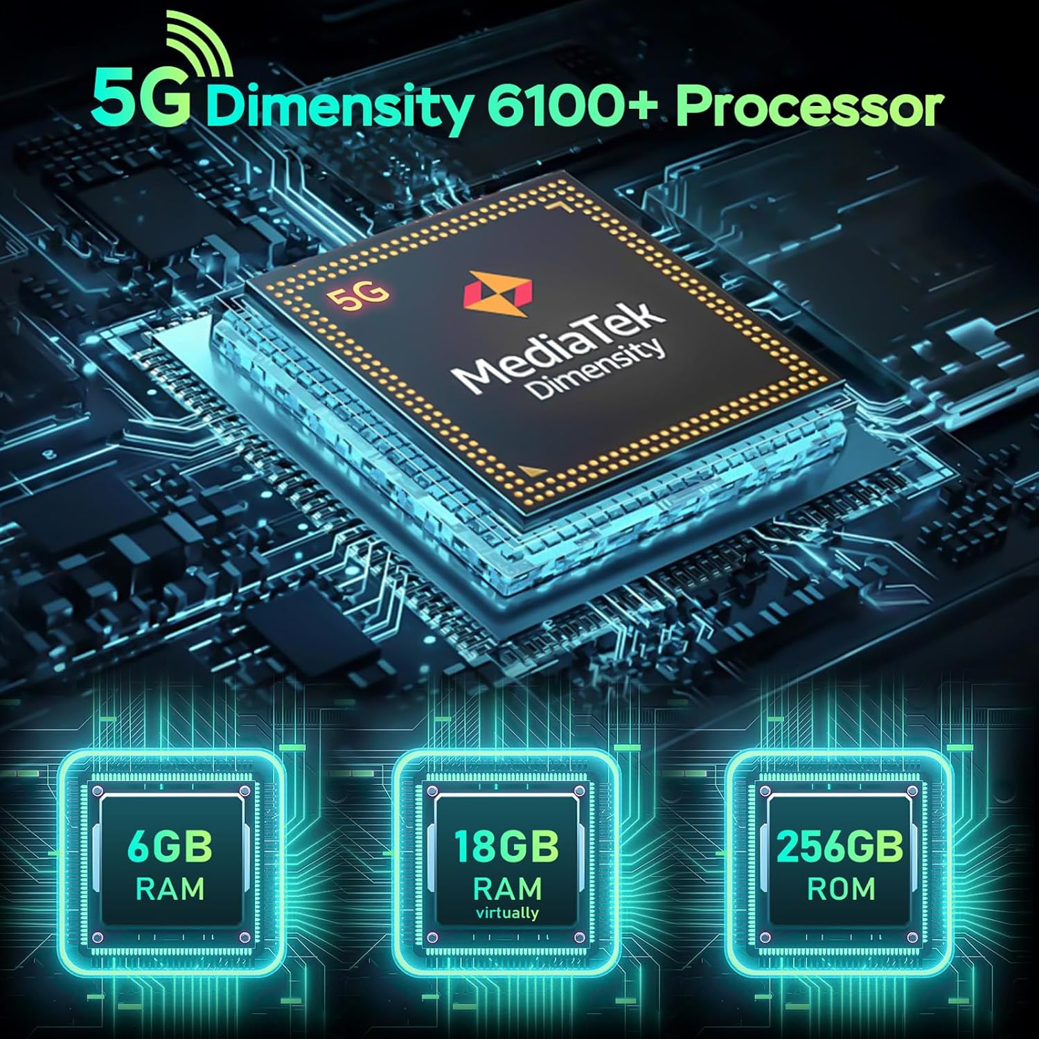 Procesador 5G Dimensity 6100+ con 6GB RAM, 18GB RAM virtual, 256GB ROM.