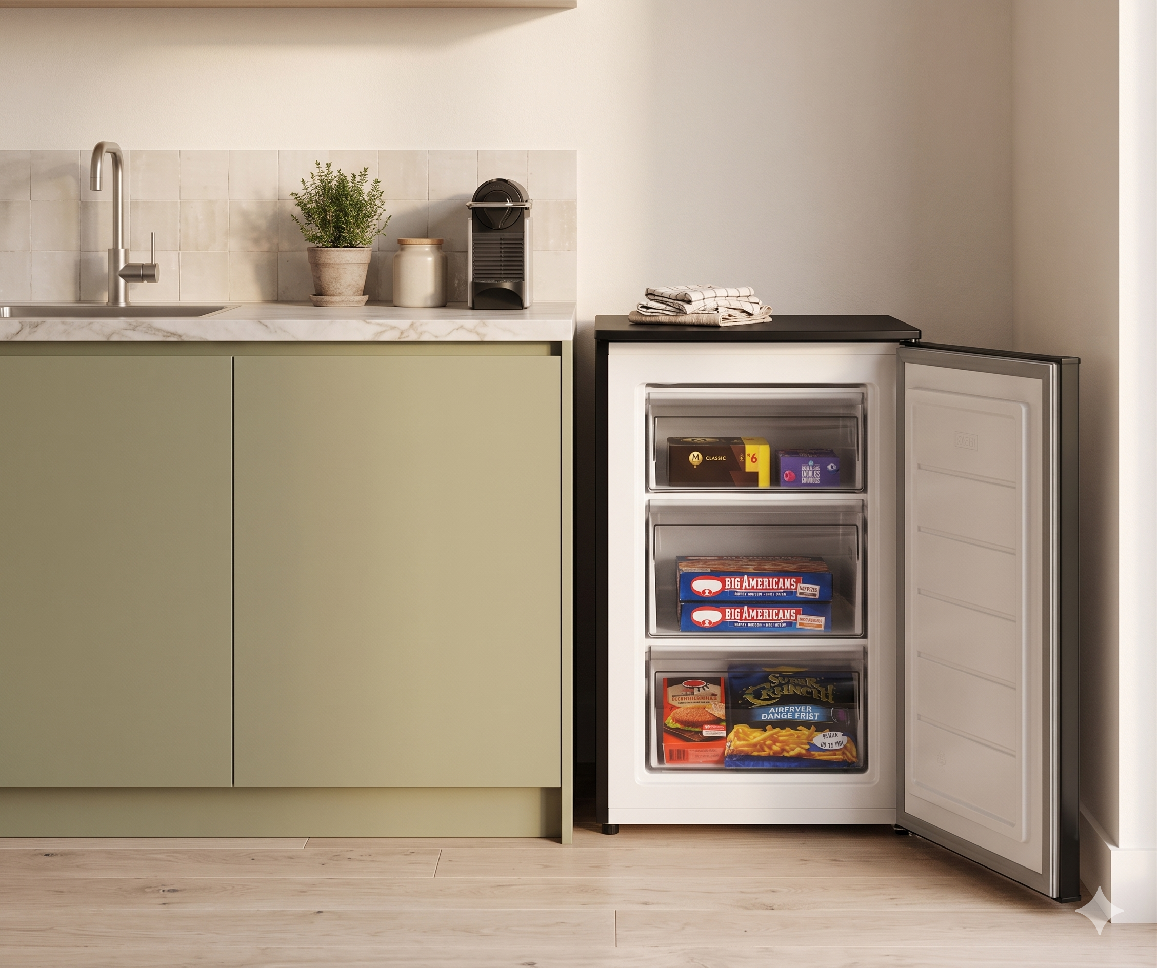 Een open vriezer in een keuken met groene kasten en een marmeren aanrechtblad.