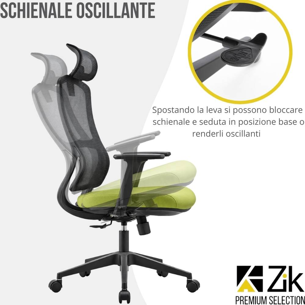 Sedia da ufficio nera con seduta verde, schienale e seduta basculanti.