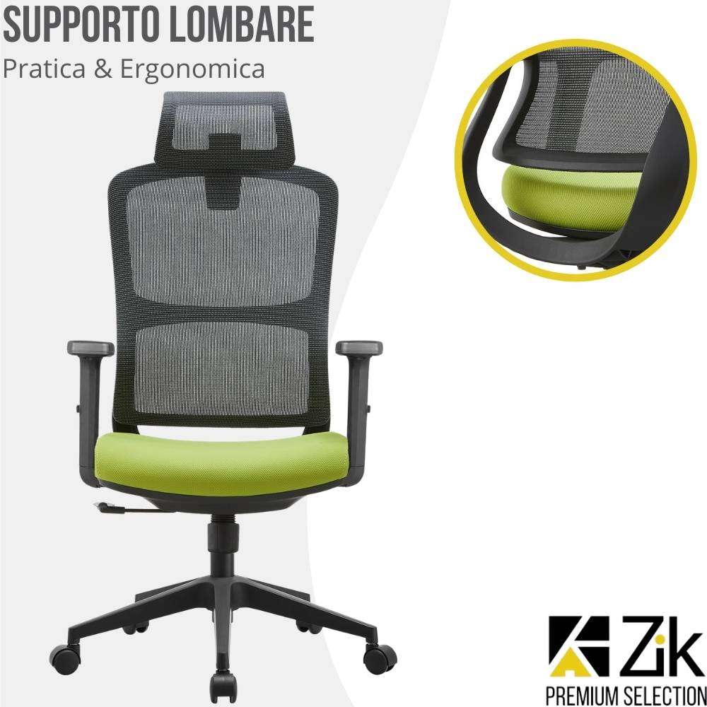 Una sedia da ufficio nera con schienale in rete e seduta verde.