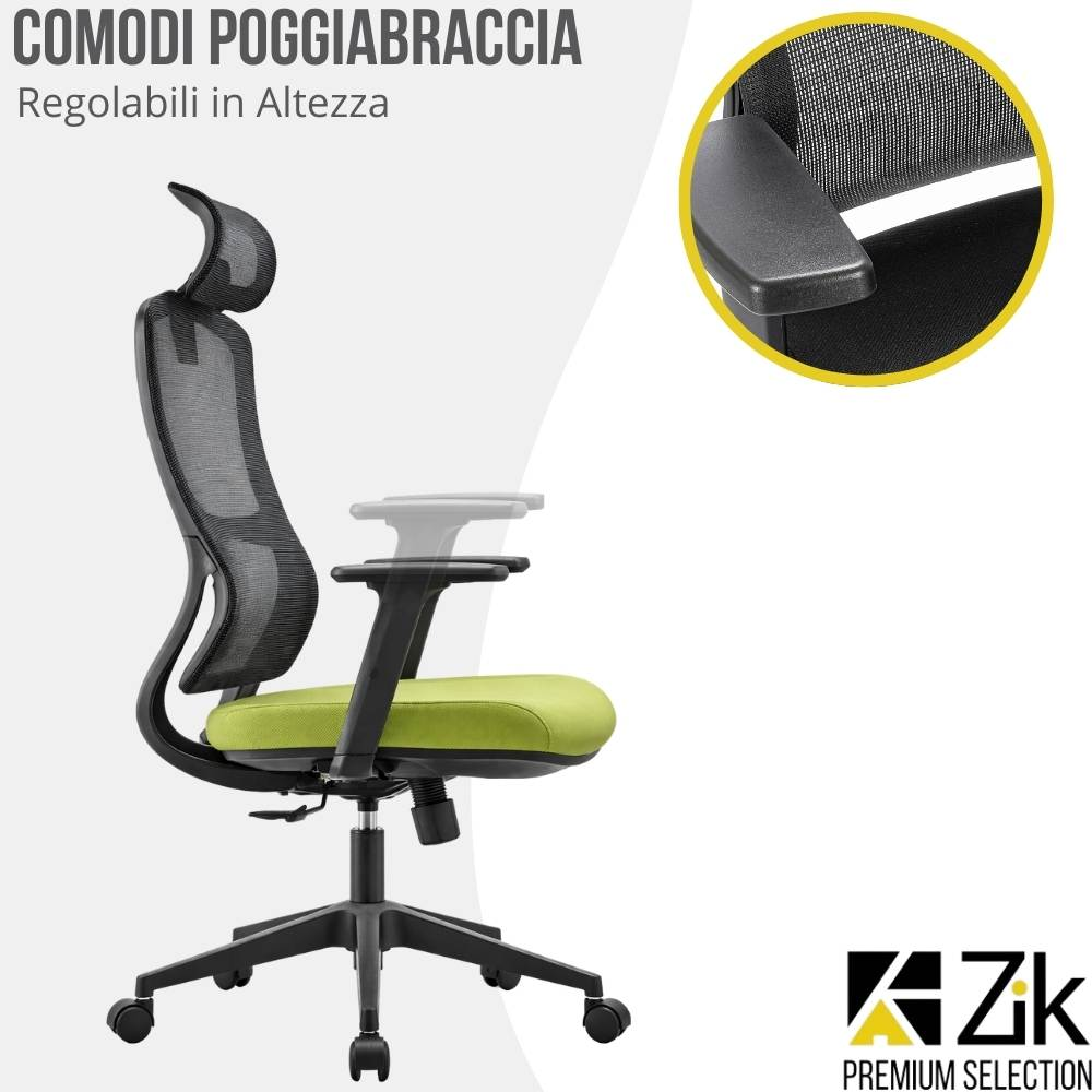 Una sedia da ufficio in rete nera con seduta verde lime e braccioli regolabili.