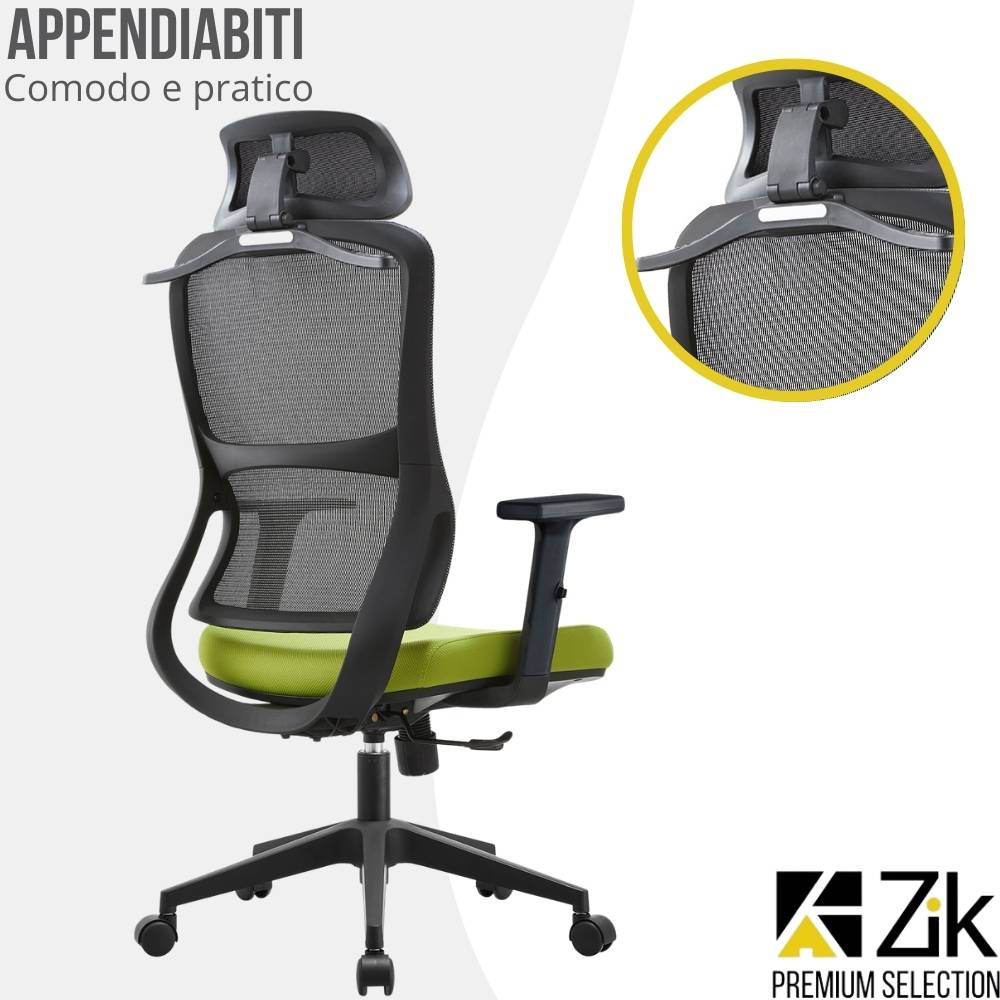 Una sedia da ufficio nera con schienale in rete e seduta verde su ruote.