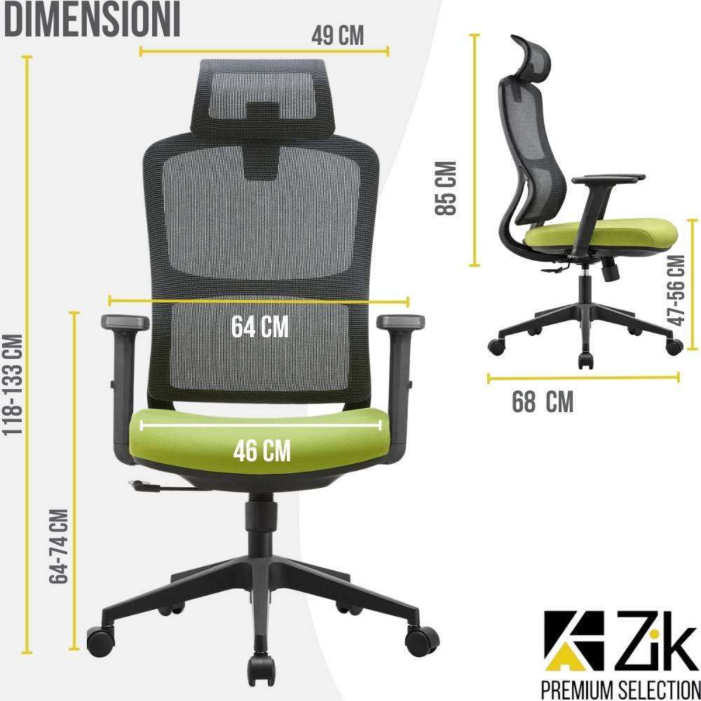 Mostra una sedia da ufficio con dimensioni e dettagli. Nero e verde.