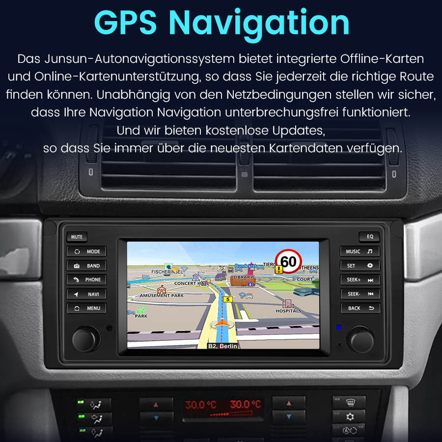 GPS-Navigationssystem im Auto mit Kartenansicht und Menüoptionen.