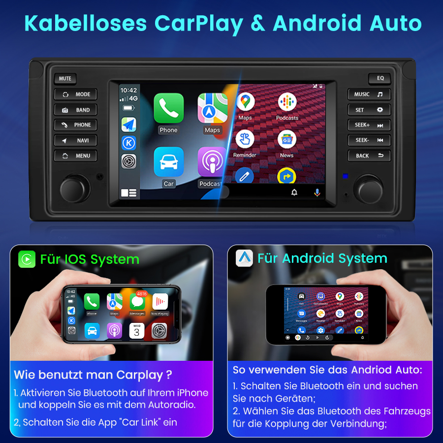 Ein Autoradio mit CarPlay/Android Auto, daneben ein iPhone und ein Android-Smartphone.