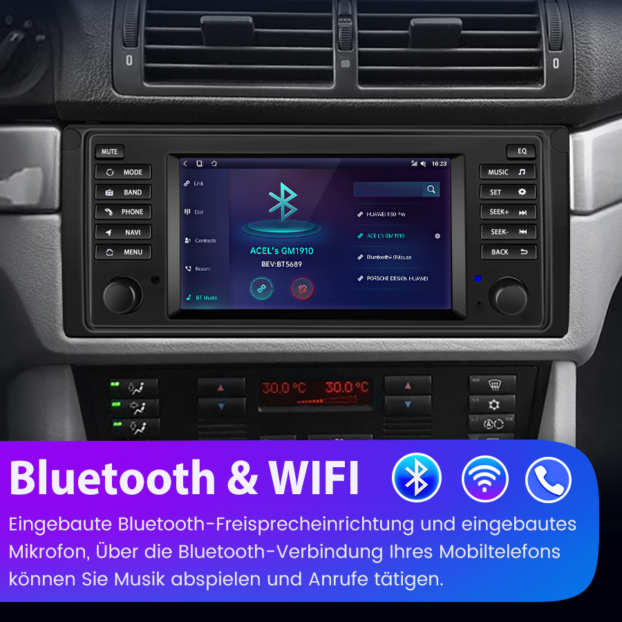 Car infotainment system showing Bluetooth connection options.