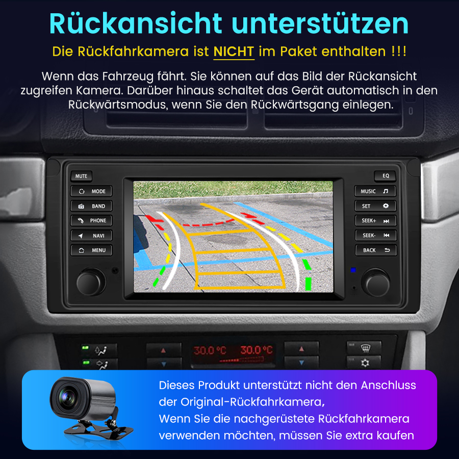 Ein Autoradio zeigt eine Rückfahrkamera-Ansicht mit Parklinien. Eine kleine Rückfahrkamera ist abgebildet.
