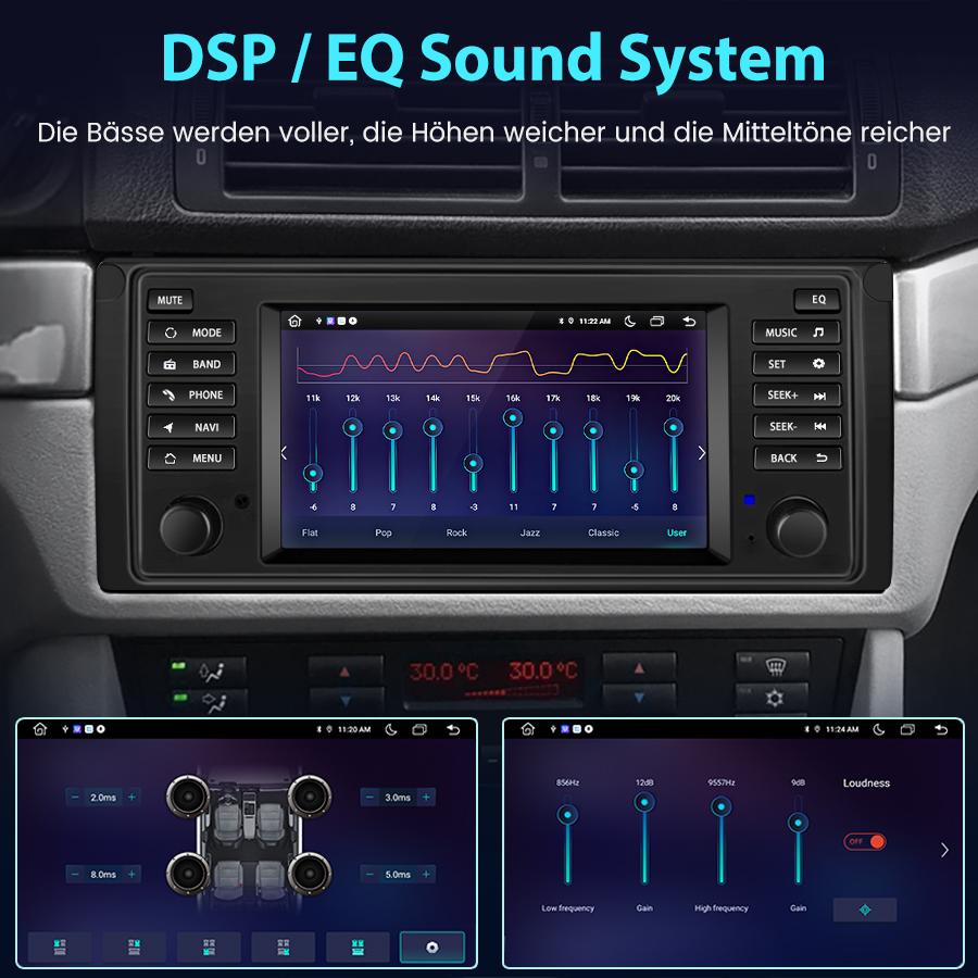 Ein Auto-Infotainmentsystem mit EQ-Einstellungen und Lautstärkereglern.