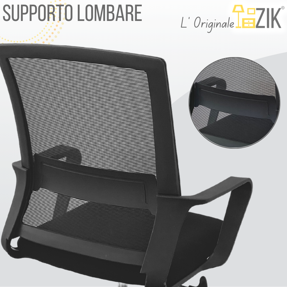 Vista posteriore di una sedia da ufficio nera con schienale in rete e braccioli.
