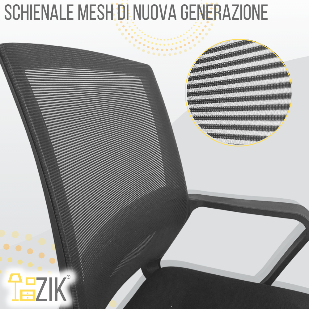 Una sedia da ufficio nera con schienale in rete e dettaglio del tessuto.