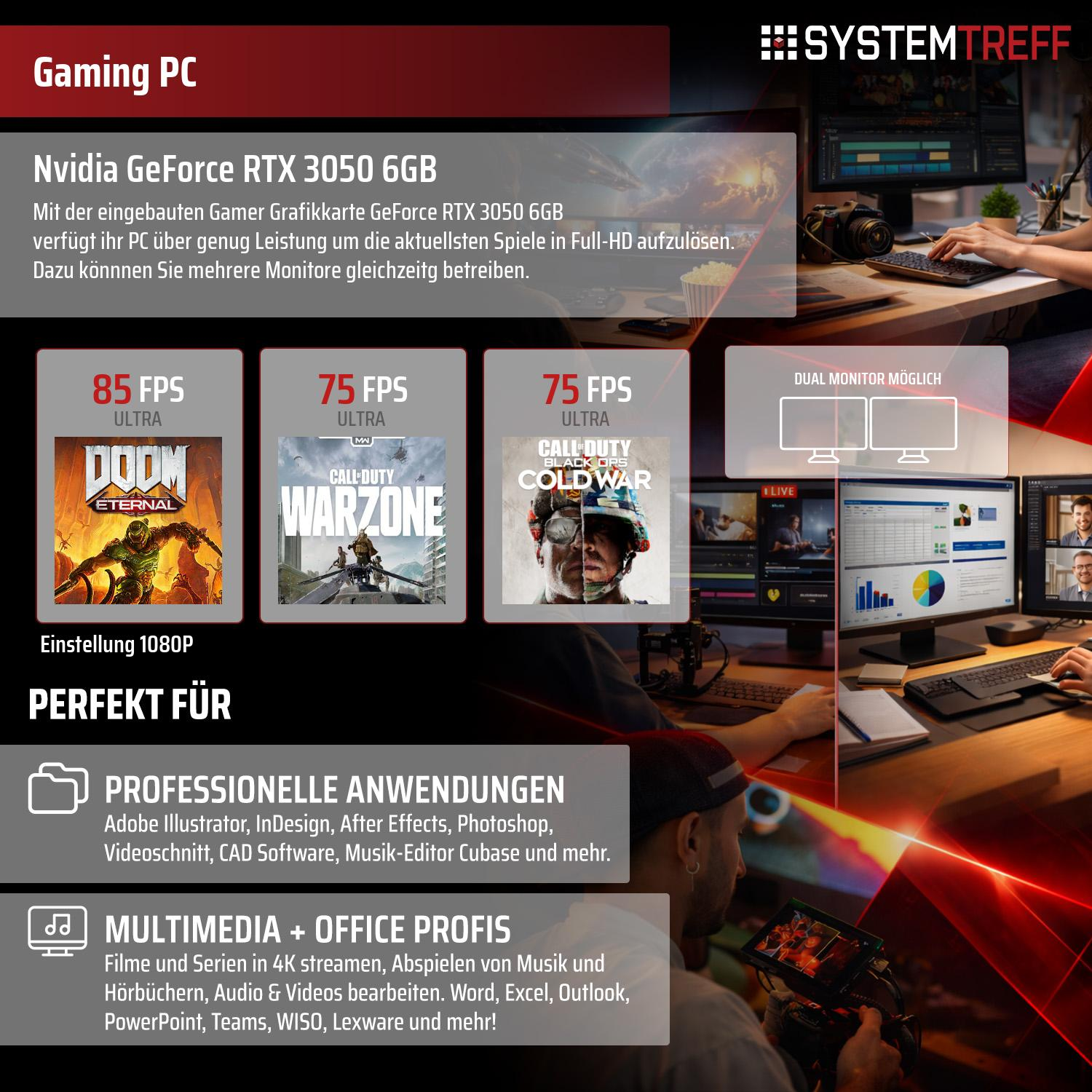 Gaming PC mit RTX 3050, zeigt Spiele-Benchmarks und Anwendungen.