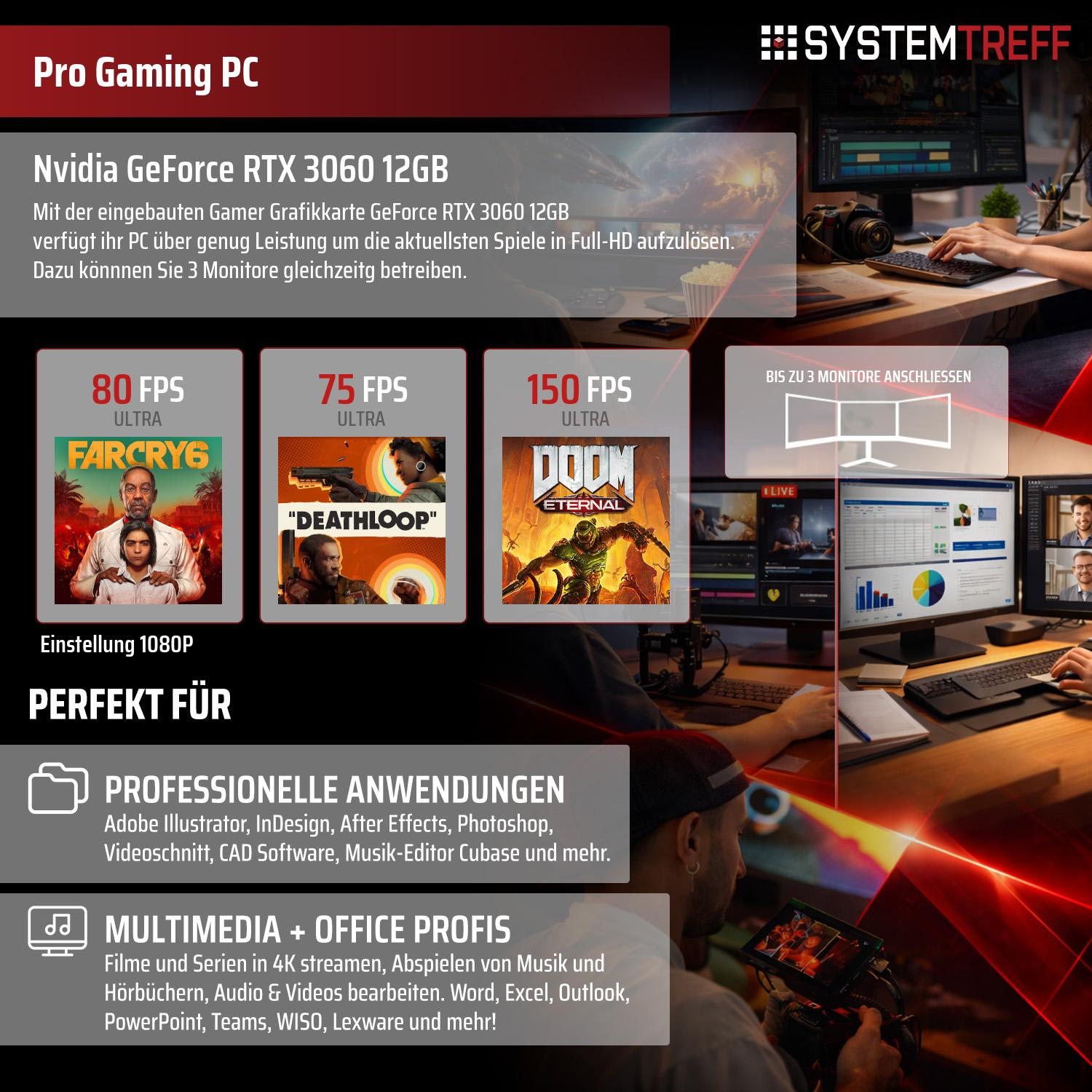 Pro Gaming PC mit RTX 3060: 80-150 FPS in Spielen, 3 Monitore, Profi-Anwendungen & Multimedia.