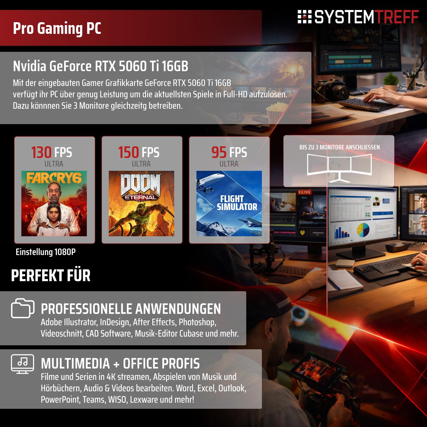 Gaming PC mit RTX 5060 Ti, zeigt Spiele-FPS & professionelle Anwendungen.