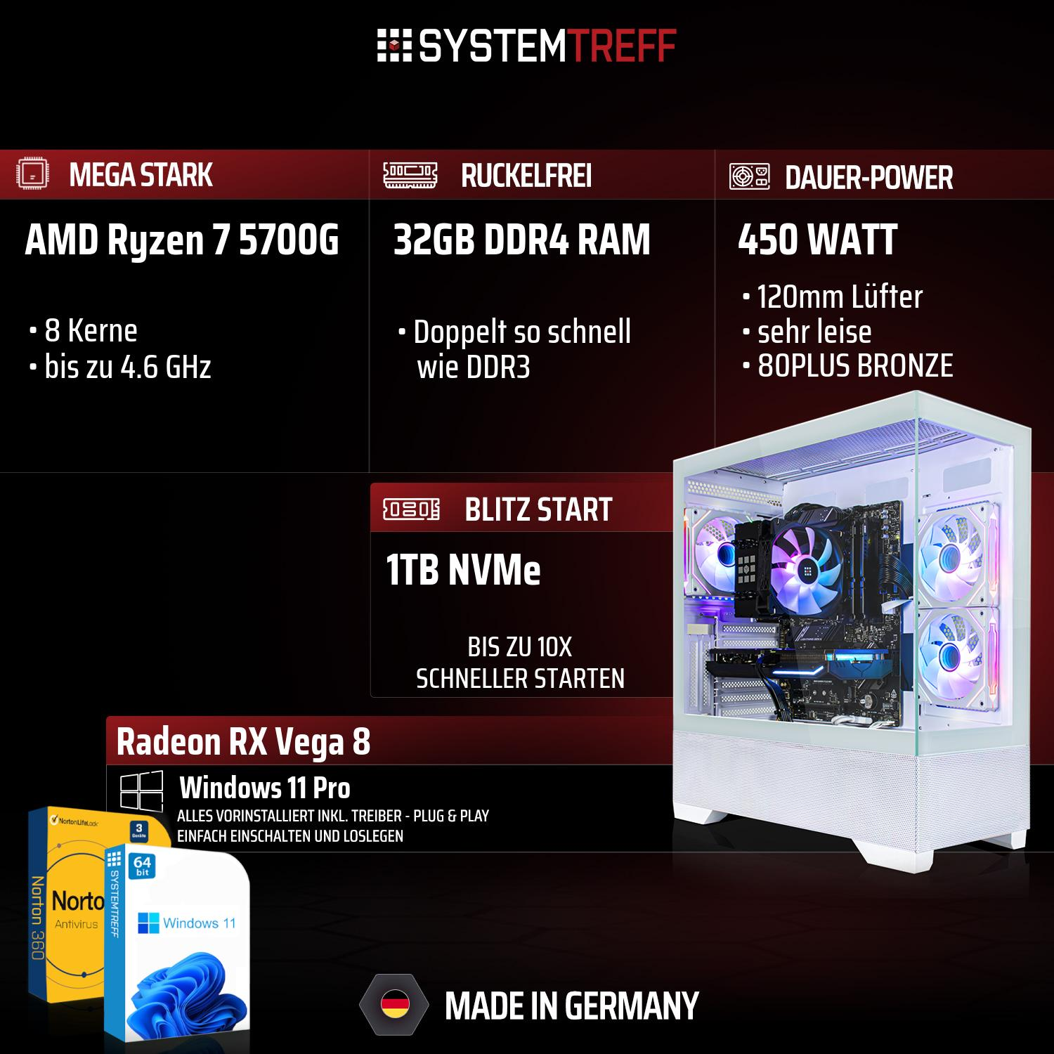 PC mit AMD Ryzen 7, 32GB RAM, 450W Netzteil, 1TB NVMe SSD, Radeon RX Vega 8, Windows 11 Pro.
