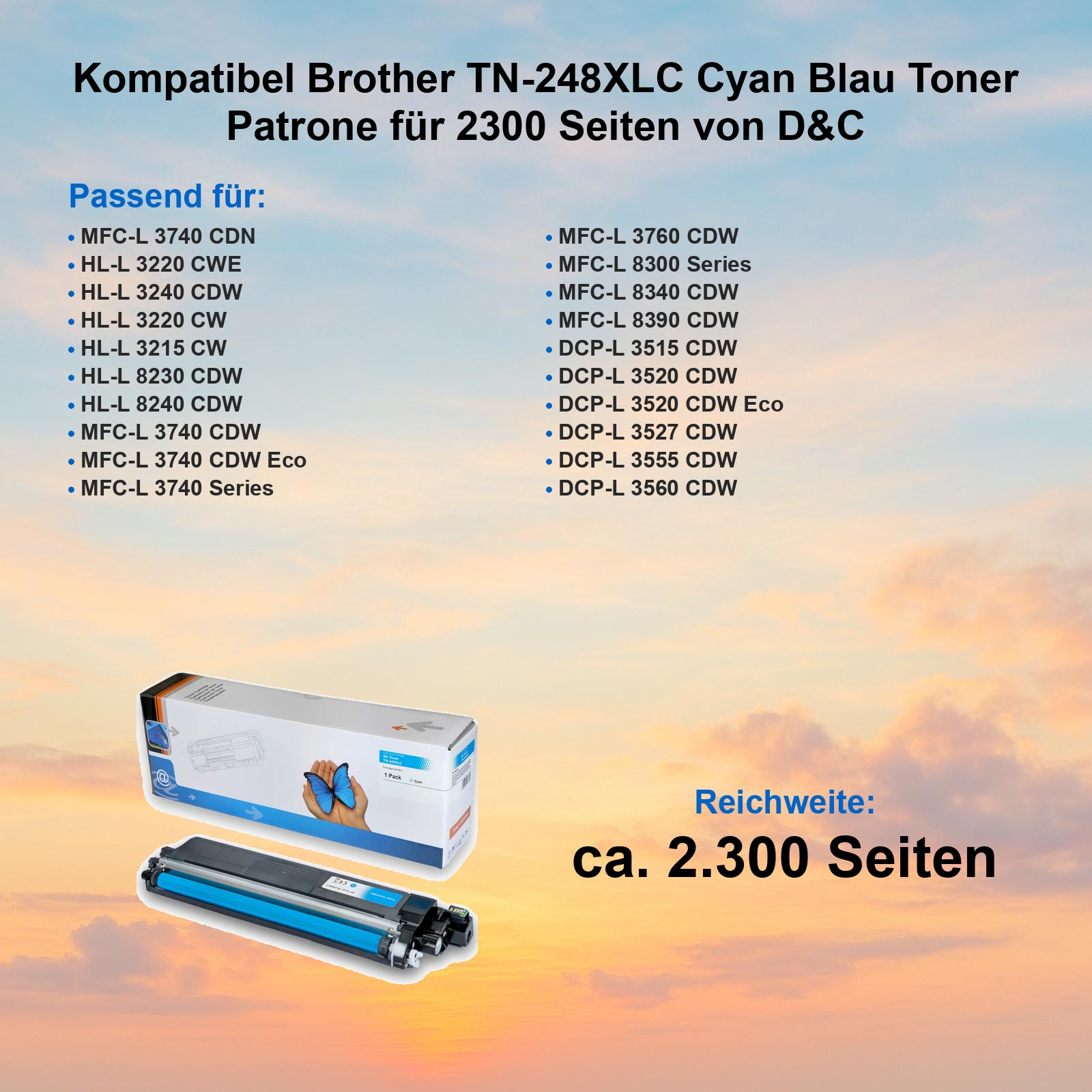 Brother TN-248XLC Cyan Tonerpatrone mit 2300 Seiten Reichweite.