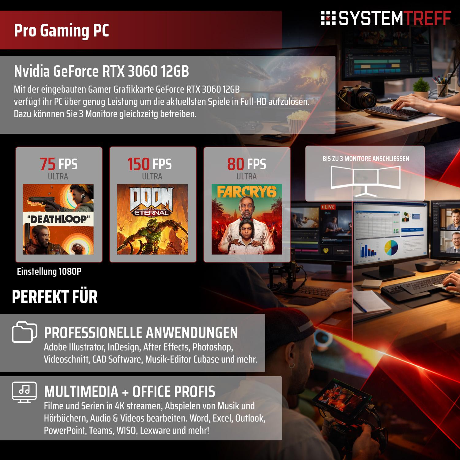 Pro Gaming PC mit RTX 3060, zeigt Spiele-FPS & professionelle Anwendungen.