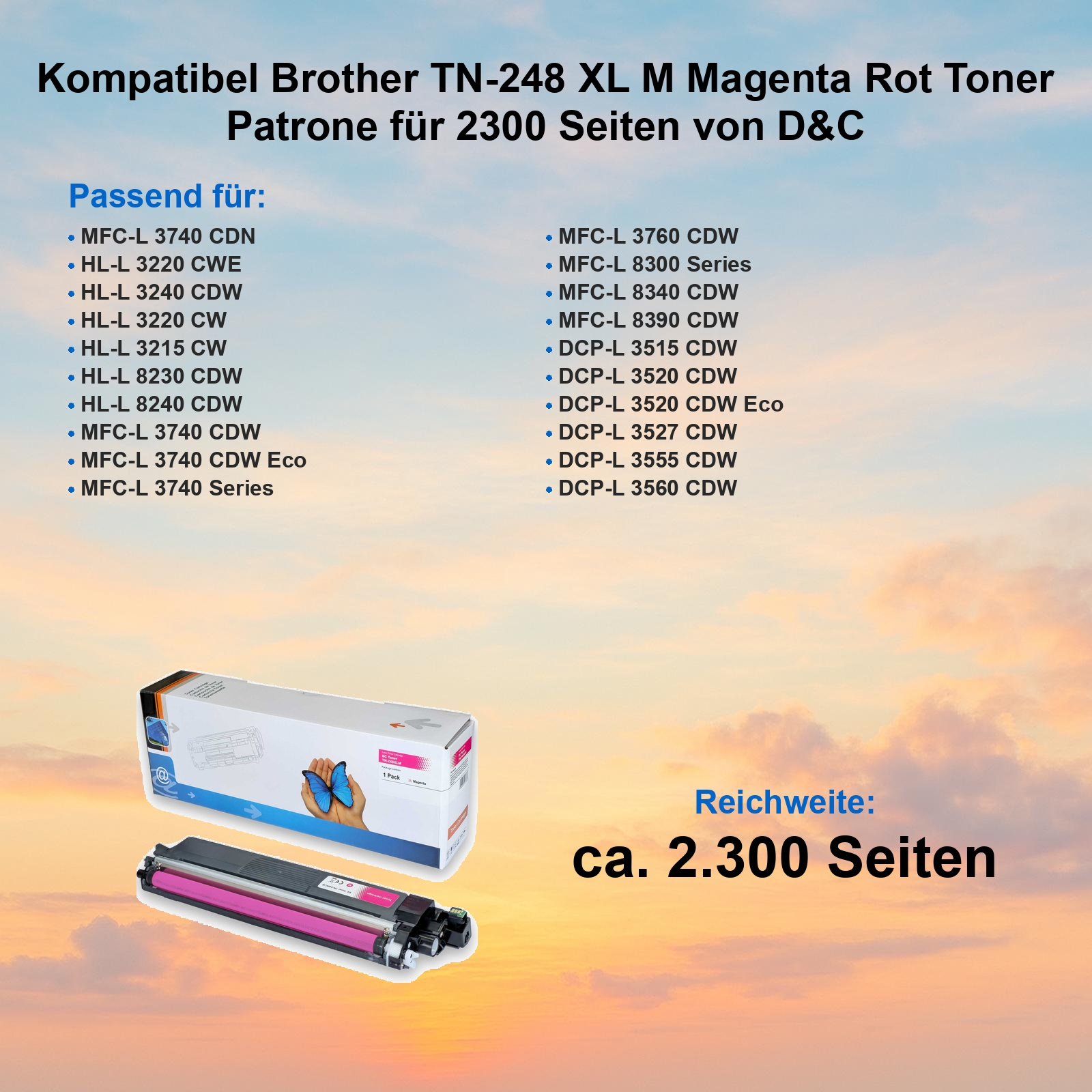 Ein magenta Toner und seine Verpackung sind auf einem Sonnenuntergangshintergrund zu sehen.