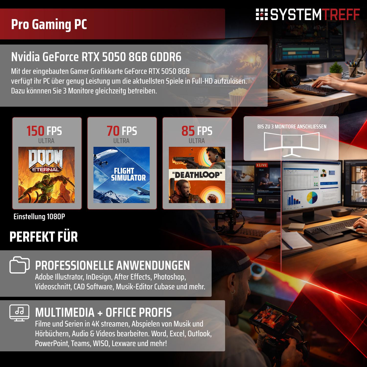PC-Gaming-Anzeige: Nvidia RTX 5050, 3 Monitore, Doom, Flight Simulator, Deathloop.