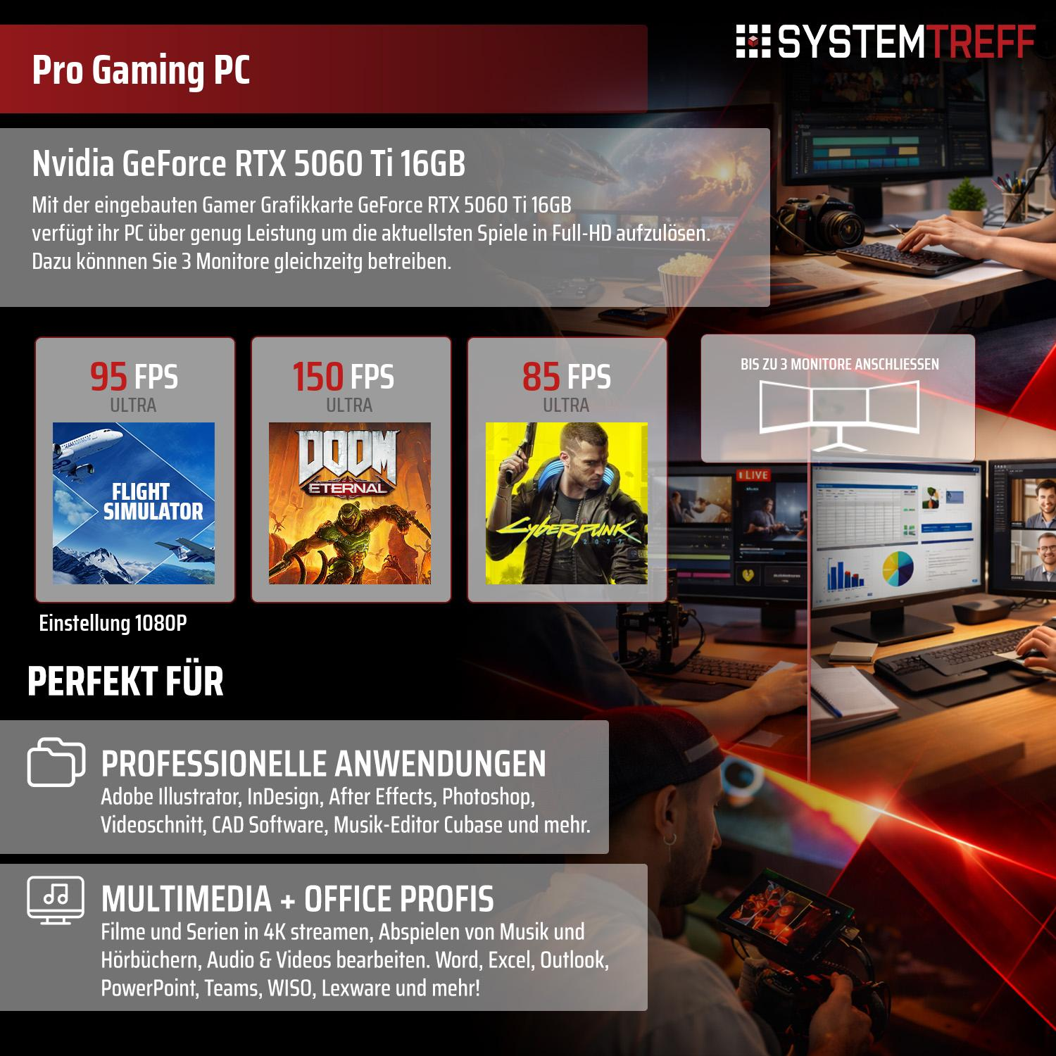 Gaming PC mit RTX 5060 Ti, zeigt Spiele-FPS und professionelle Anwendungen.