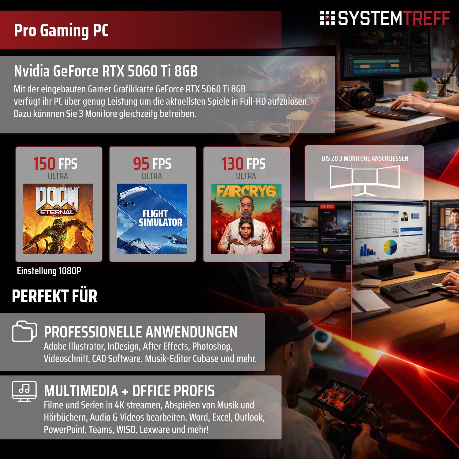 Gaming PC mit RTX 5060 Ti: 150 FPS Doom, 95 FPS Flight Simulator, 130 FPS Far Cry 6.