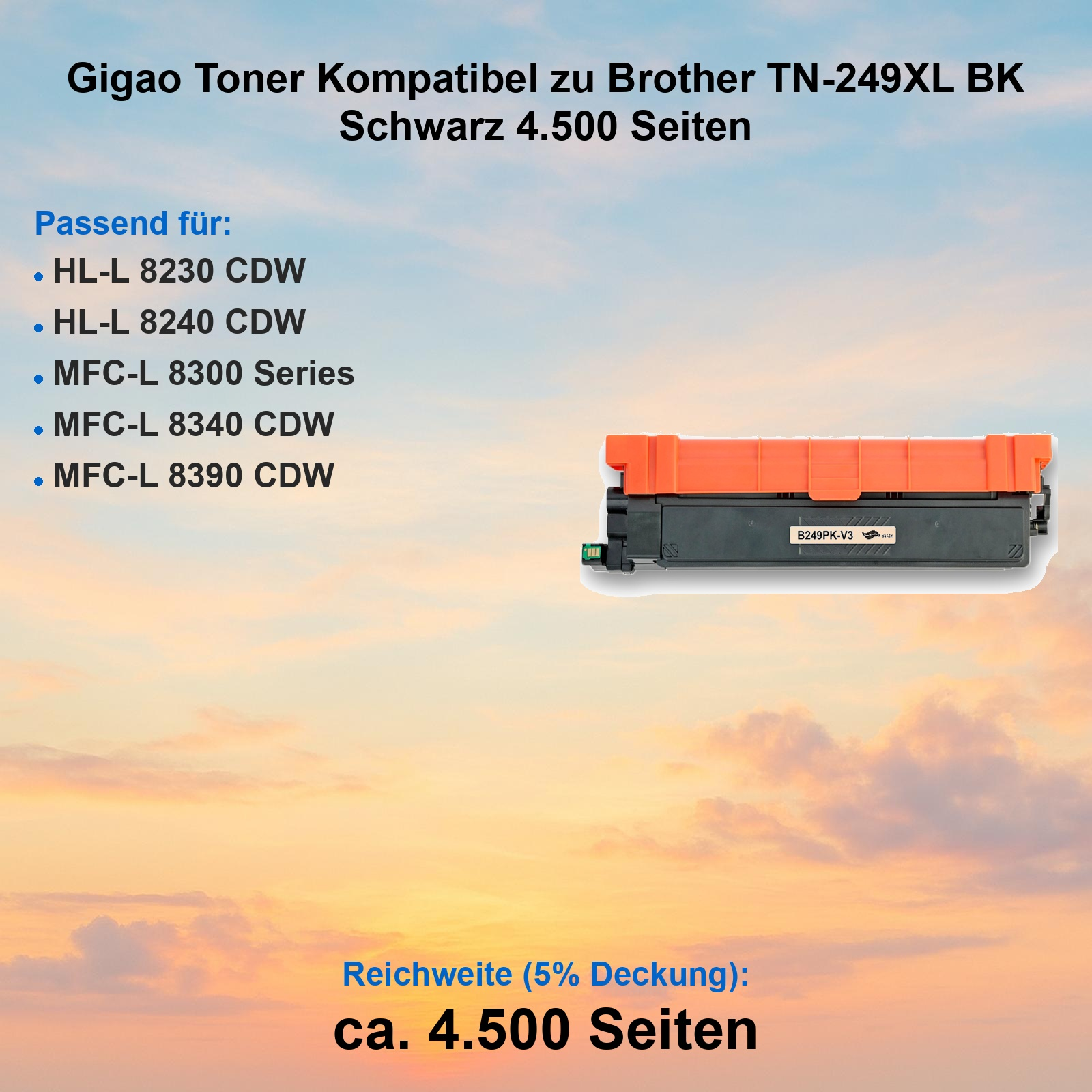 Schwarzer Brother TN-249XL Toner, kompatibel, 4500 Seiten.